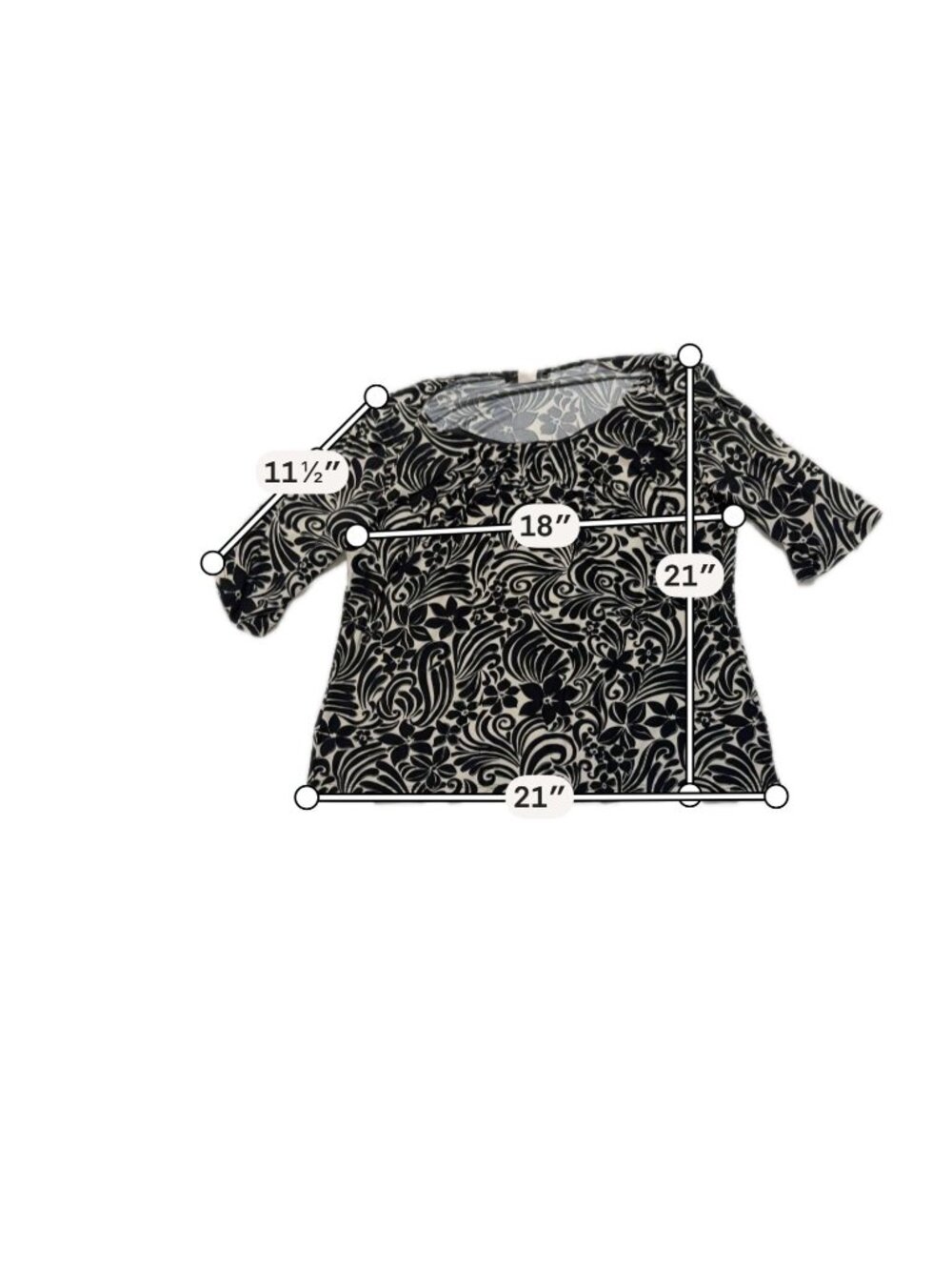 Black & White Floral Print Womens Top  3/4 Sleeves  Scoop Neck  Stretch Fabric